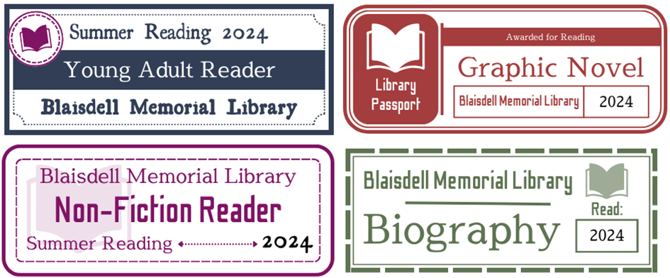 Four rectangular stickers, each in a different color and pattern. They're labeled young adult reader, graphic novel, non-fiction reader and biography.