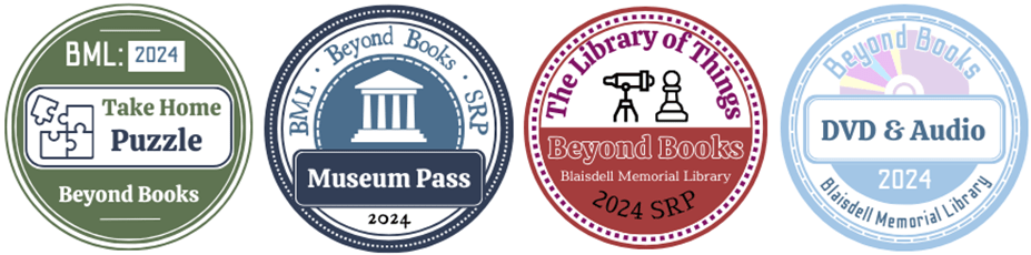 Four round stickers, each in a different color and pattern. They're labeled Take Home Puzzle, Museum Pass, The Library of Things, and DVD and Audio.