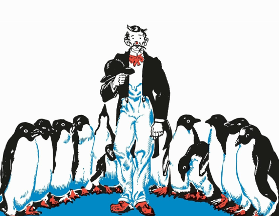 a man in a tuxedo, surrounded by penguins