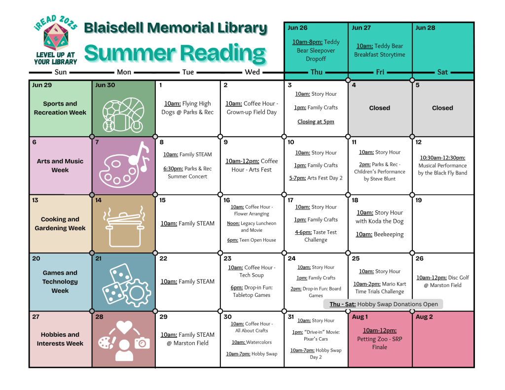 A calendar of events for Summer Reading.