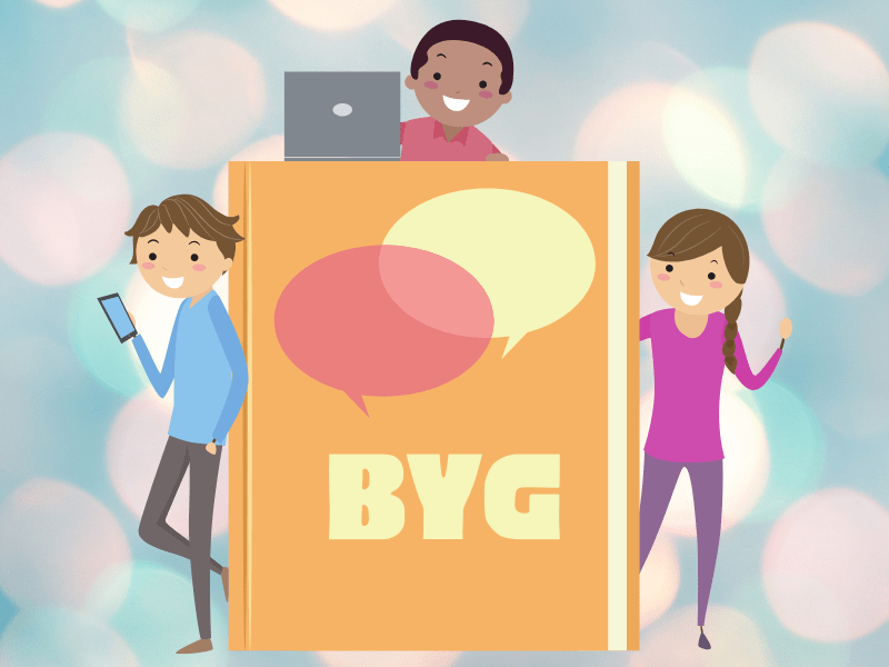 Teenagers hanging around a book with BYG on the cover.