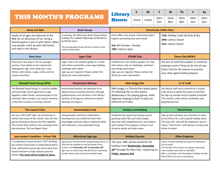 A list and description of events for December