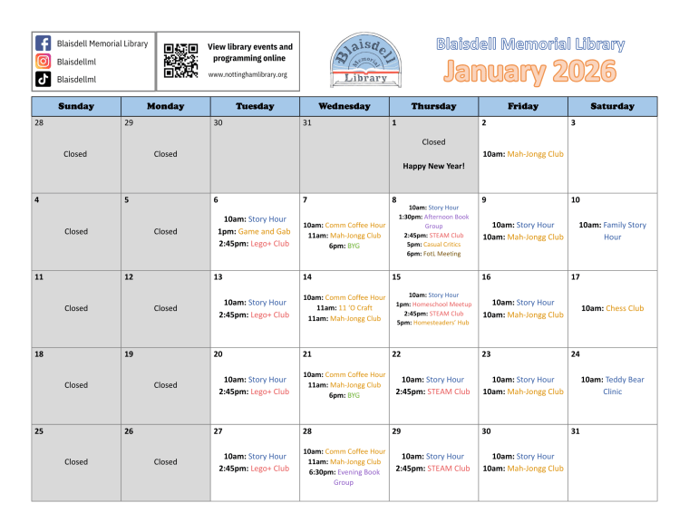 A calendar for the month of January