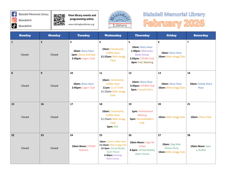 A calendar for the month of February
